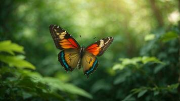 Nature background with a beautiful flying butterfly with green forest AI Generative photo