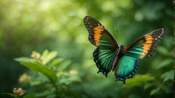 Nature background with a beautiful flying butterfly with green forest AI Generative photo