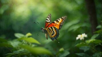 Nature background with a beautiful flying butterfly with green forest AI Generative photo