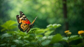 Nature background with a beautiful flying butterfly with green forest AI Generative photo