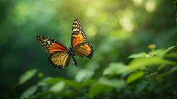 Nature background with a beautiful flying butterfly with green forest AI Generative photo