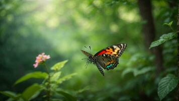 Nature background with a beautiful flying butterfly with green forest AI Generative photo