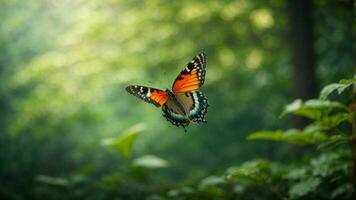 Nature background with a beautiful flying butterfly with green forest AI Generative photo