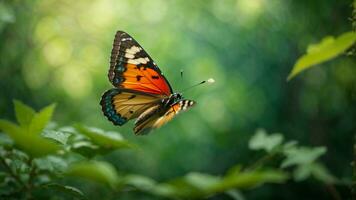 naturaleza antecedentes con un hermosa volador mariposa con verde bosque ai generativo foto