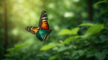 Nature background with a beautiful flying butterfly with green forest AI Generative photo