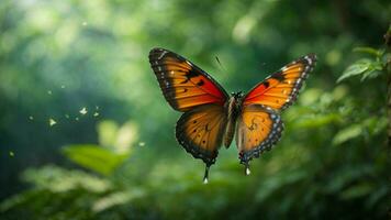 Nature background with a beautiful flying butterfly with green forest AI Generative photo