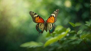 Nature background with a beautiful flying butterfly with green forest AI Generative photo