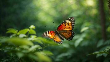 Nature background with a beautiful flying butterfly with green forest AI Generative photo