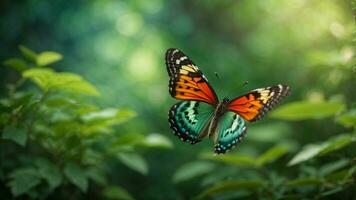 Nature background with a beautiful flying butterfly with green forest AI Generative photo