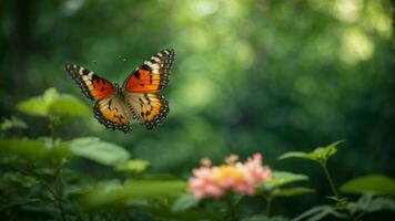 naturaleza antecedentes con un hermosa volador mariposa con verde bosque ai generativo foto