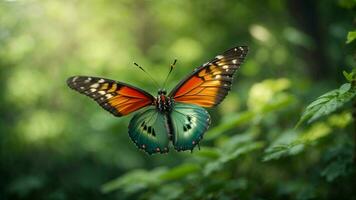 Nature background with a beautiful flying butterfly with green forest AI Generative photo