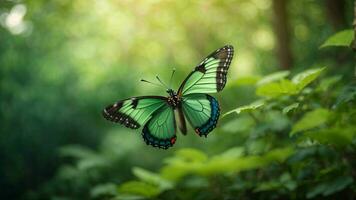 Nature background with a beautiful flying butterfly with green forest AI Generative photo