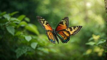 Nature background with a beautiful flying butterfly with green forest AI Generative photo