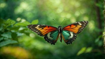 Nature background with a beautiful flying butterfly with green forest AI Generative photo