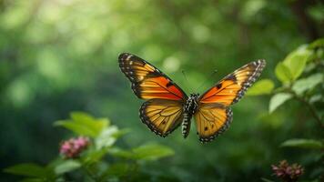 Nature background with a beautiful flying butterfly with green forest AI Generative photo