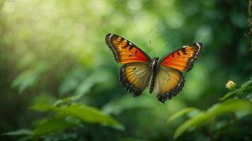 Nature background with a beautiful flying butterfly with green forest AI Generative photo