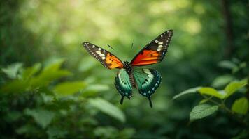 Nature background with a beautiful flying butterfly with green forest AI Generative photo