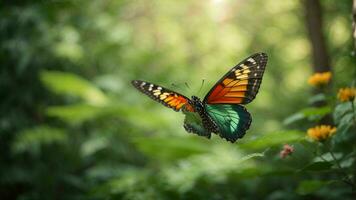 Nature background with a beautiful flying butterfly with green forest AI Generative photo