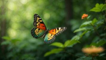 Nature background with a beautiful flying butterfly with green forest AI Generative photo