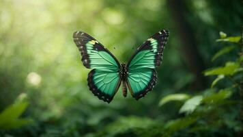 Nature background with a beautiful flying butterfly with green forest AI Generative photo