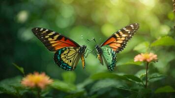 Nature background with a beautiful flying butterfly with green forest AI Generative photo