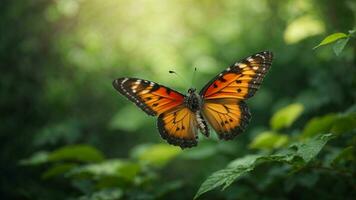 Nature background with a beautiful flying butterfly with green forest AI Generative photo