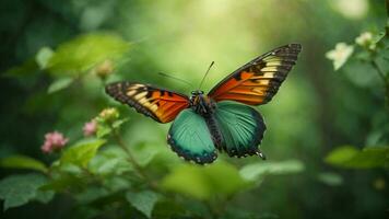 Nature background with a beautiful flying butterfly with green forest AI Generative photo