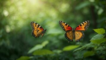 naturaleza antecedentes con un hermosa volador mariposa con verde bosque ai generativo foto