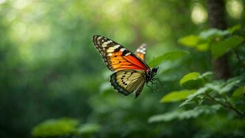 Nature background with a beautiful flying butterfly with green forest AI Generative photo