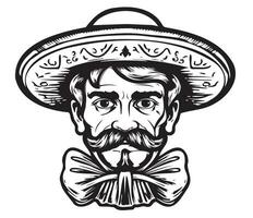 mexicano con un Bigote y un sombrero bosquejo mano dibujado ilustración vector