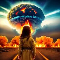 Generative AI fantasies on the topic of nuclear conflict. Horror that children can see. Anti-war concept. photo
