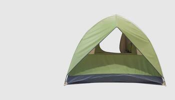 Camp tent with a white background, alongside adventure tools photo