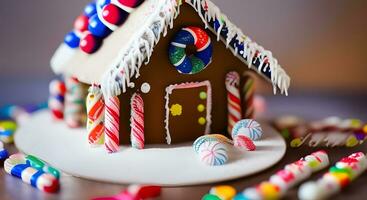 AI Generated gingerbread house decorated with icing and candy photo