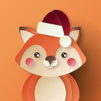 Vector cute christmas paper cut 3d fox with shadow on colored background. Winter animal design  for presentation, banner, cover, web, flyer, card, sale, poster, slide and social media