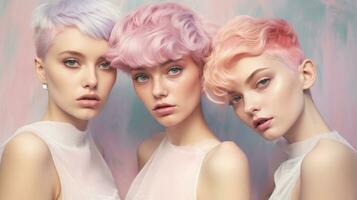 Three modern futuristic short hair young women on pastel background, created with generative AI photo