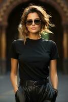 Fashionable young woman on the street of Paris, created with generative AI photo