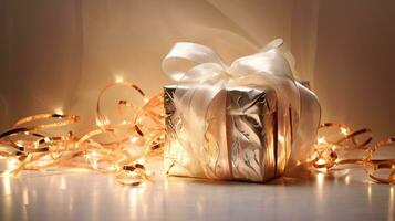 ai generative  Beautifully wrapped christmas gift, present in multiple colors with beautiful backgrounds to elevate them photo