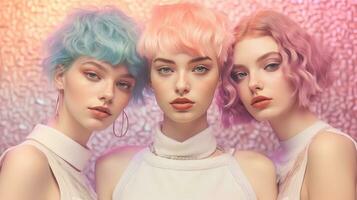Three modern futuristic short hair young women on pastel background, created with generative AI photo
