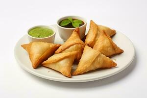 Photo of a plate of Indian samosas with chutney on a pure white sheet . Generative AI