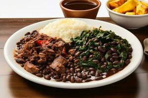 Photo of a plate of Brazilian feijoada with all the accompaniments on a pure white surface. Generative AI