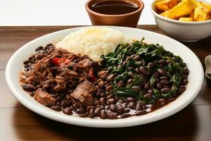 foto de un plato de brasileño feijoada con todas el acompañamientos en un puro blanco superficie. generativo ai