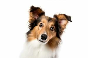 Photo of a curious Shetland Sheepdog looking inquisitive on a spotless white background. Generative AI