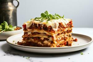 Photo of a plate of Italian lasagna with layers of pasta and cheese on a clean white desk. Generative AI