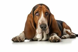 Photo of a contented Basset Hound in a relaxed pose on a clean white backdrop. Generative AI