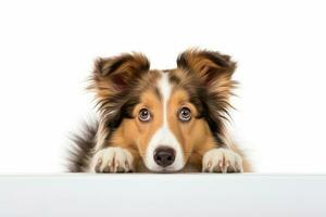 Photo of a curious Shetland Sheepdog looking inquisitive on a spotless white background. Generative AI