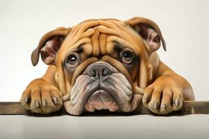 Photo of a curious Bulldog with its characteristic wrinkled face on a clean white backdrop. Generative AI