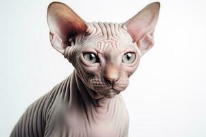 Photo of a contented Sphynx cat with its hairless skin against a clean white backdrop. Generative AI