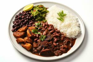 Photo of a plate of Brazilian feijoada with all the accompaniments on a pure white surface. Generative AI