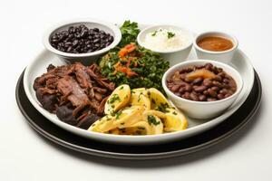 Photo of a plate of Brazilian feijoada with all the accompaniments on a pure white surface. Generative AI