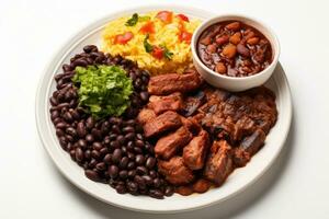 Photo of a plate of Brazilian feijoada with all the accompaniments on a pure white surface. Generative AI